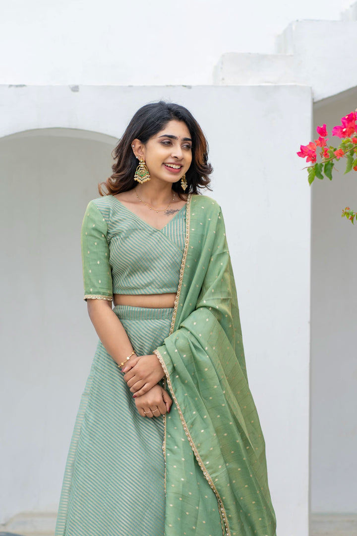 Anupama Mint Green Crop Top & Skirt With Dupatta | Made To Order