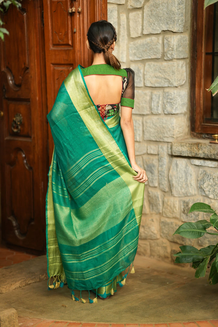 Rama Green Linen Saree with Wide Border | Shobitam Saree