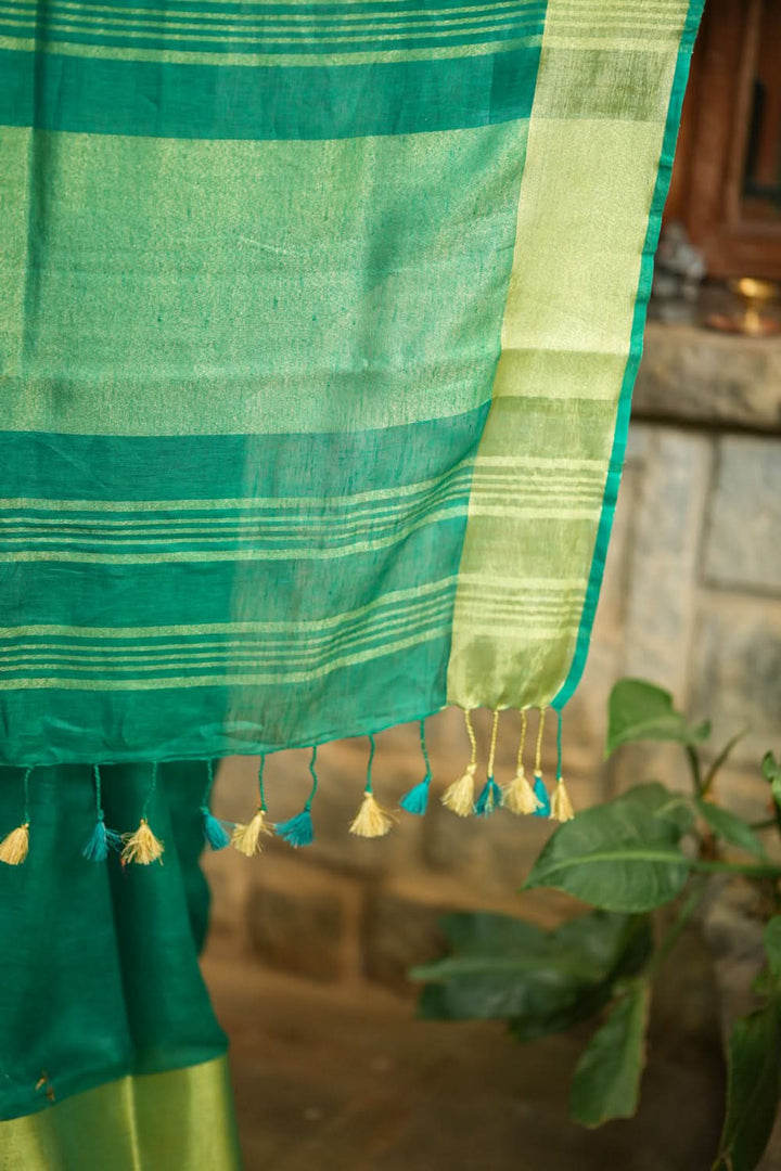 Rama Green Linen Saree with Wide Border | Shobitam Saree