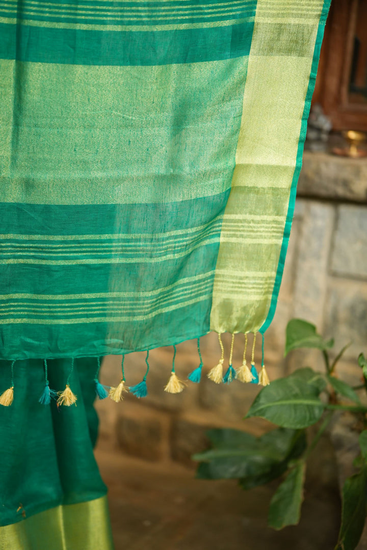 Rama Green Linen Saree with Wide Border | Shobitam Saree