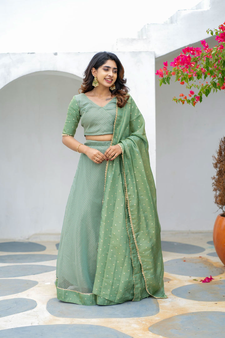 Anupama Mint Green Crop Top & Skirt With Dupatta | Made To Order