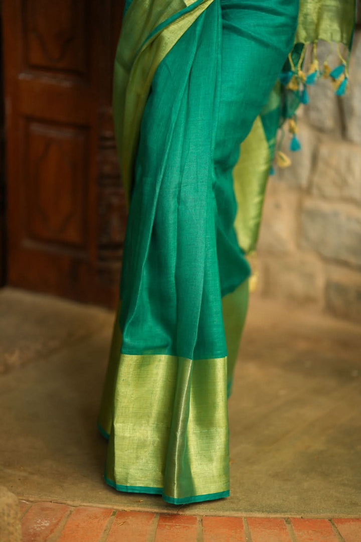 Rama Green Linen Saree with Wide Border | Shobitam Saree