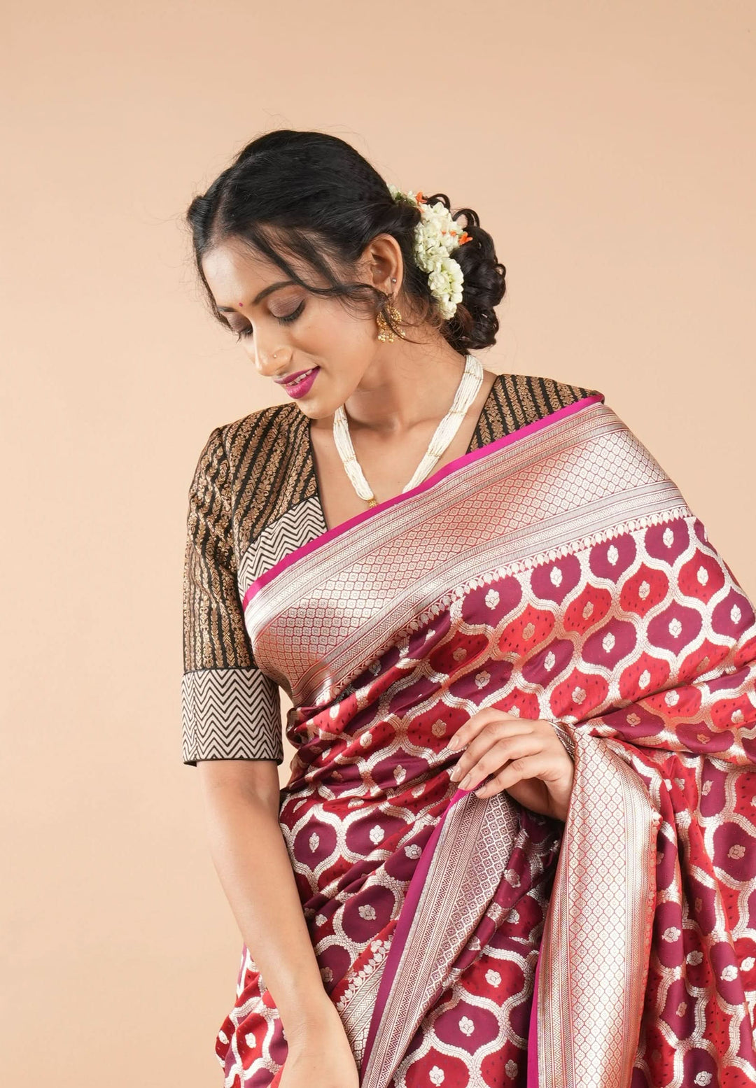 Black Banarasi antique zari blouse with Hand block print cotton detailing and  V neck Front