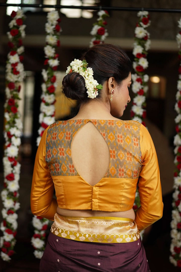 Mustard silk boatneck  blouse with pure rawsilk ikkat yoke, made to order