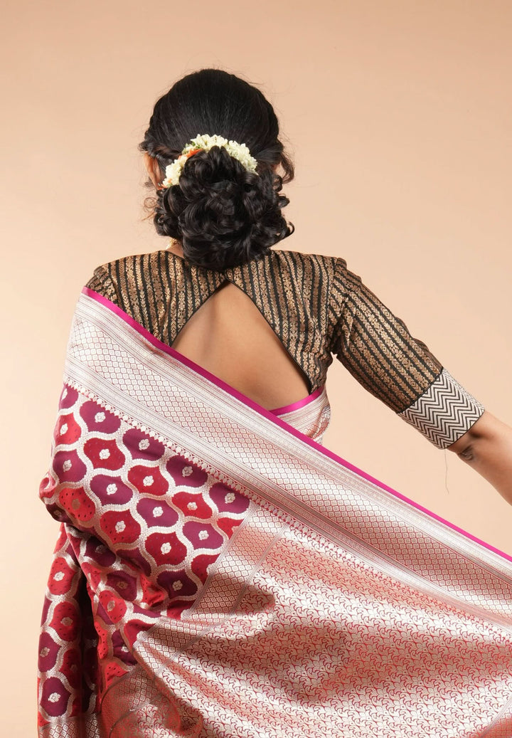 Black Banarasi antique zari blouse with Hand block print cotton detailing and  V neck Front