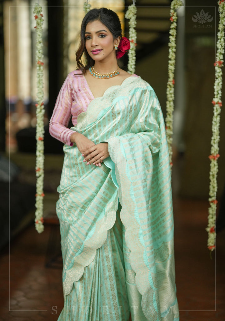 Unique Scalloped Borders Pure Brocade Banarasi Katan Silk Saree in Pastel Sea Green | SILK MARK CERTIFIED | SHOBITAM
