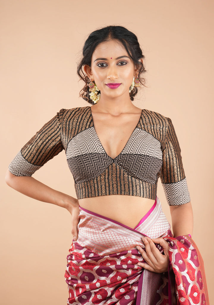 Black Banarasi antique zari blouse with Hand block print cotton detailing and  V neck Front