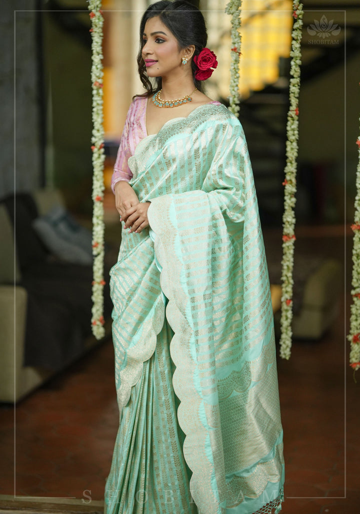 Unique Scalloped Borders Pure Brocade Banarasi Katan Silk Saree in Pastel Sea Green | SILK MARK CERTIFIED | SHOBITAM