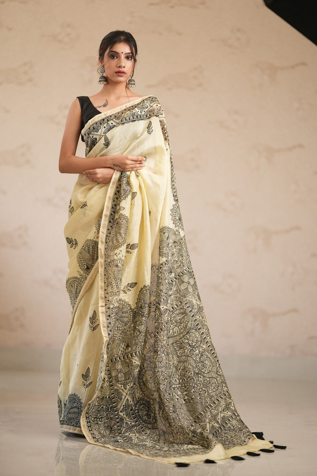 Dusty Rose Tussar Silk Saree with Kalamakari Handblock Print on Border and pallu | SILK MARK CERTIFIED (Copy)