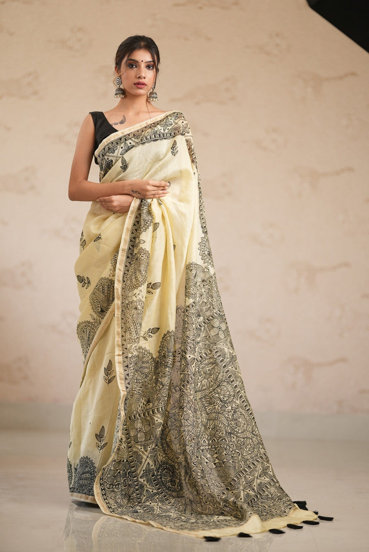 Dusty Rose Tussar Silk Saree with Kalamakari Handblock Print on Border and pallu | SILK MARK CERTIFIED (Copy)