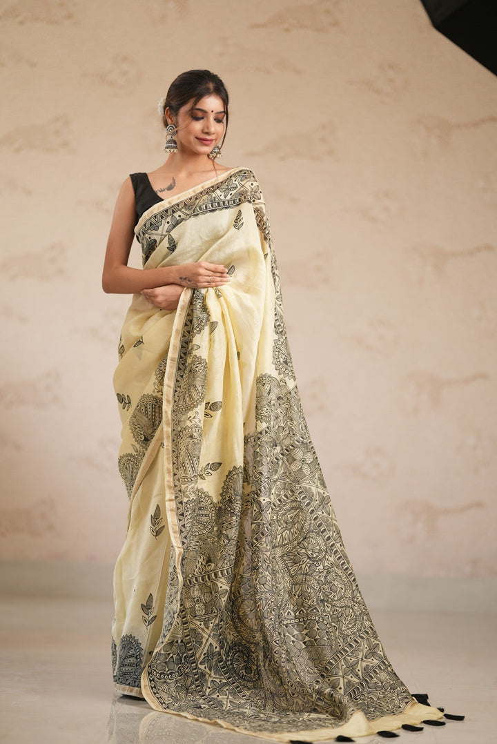 Dusty Rose Tussar Silk Saree with Kalamakari Handblock Print on Border and pallu | SILK MARK CERTIFIED (Copy)