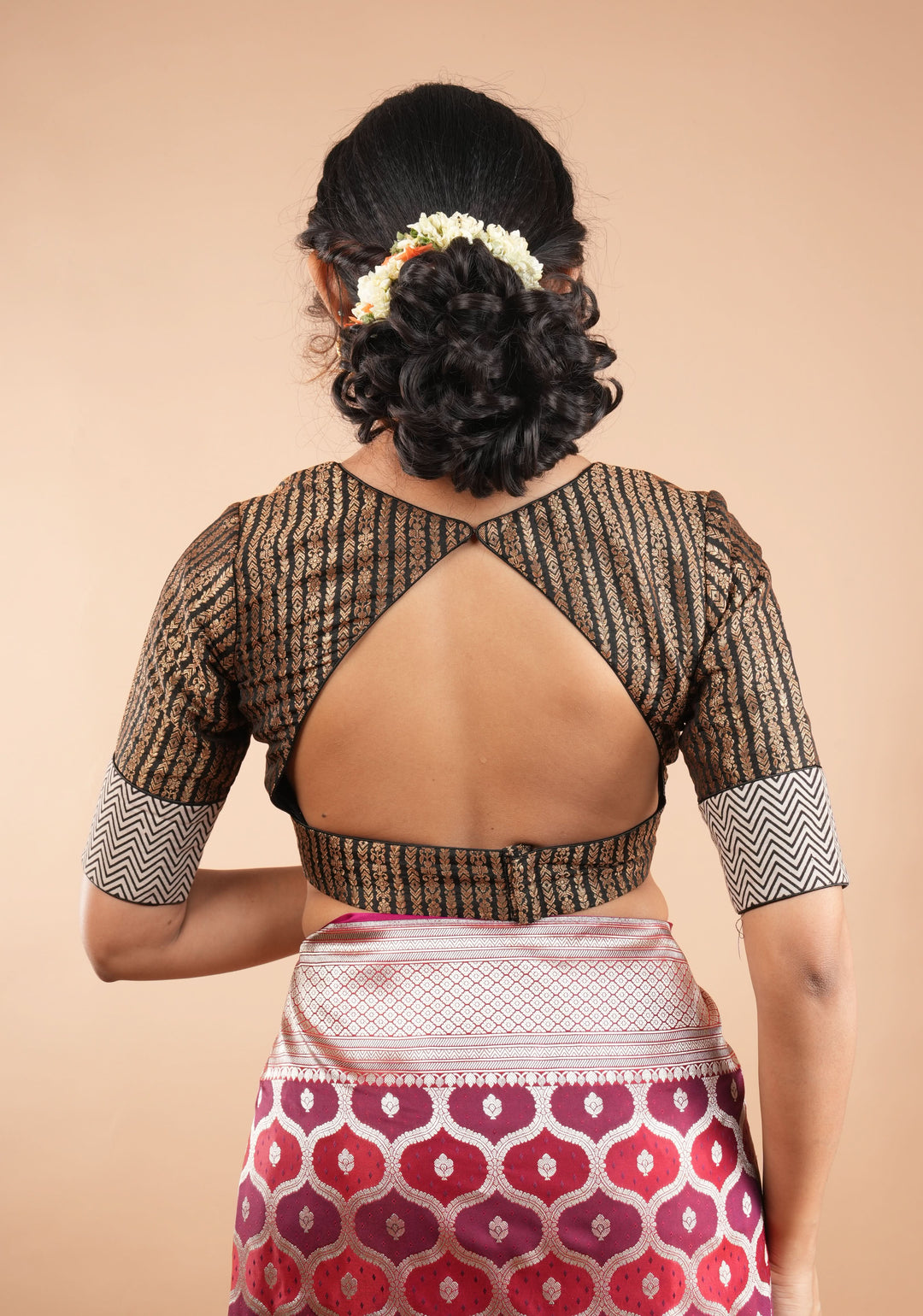 Black Banarasi antique zari blouse with Hand block print cotton detailing and  V neck Front