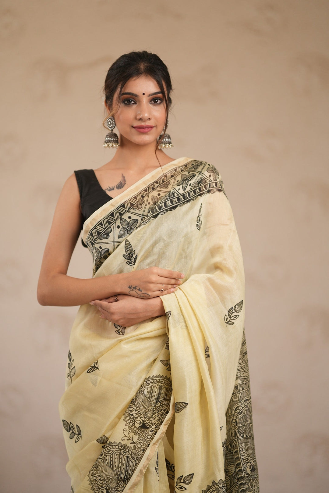 Dusty Rose Tussar Silk Saree with Kalamakari Handblock Print on Border and pallu | SILK MARK CERTIFIED (Copy)