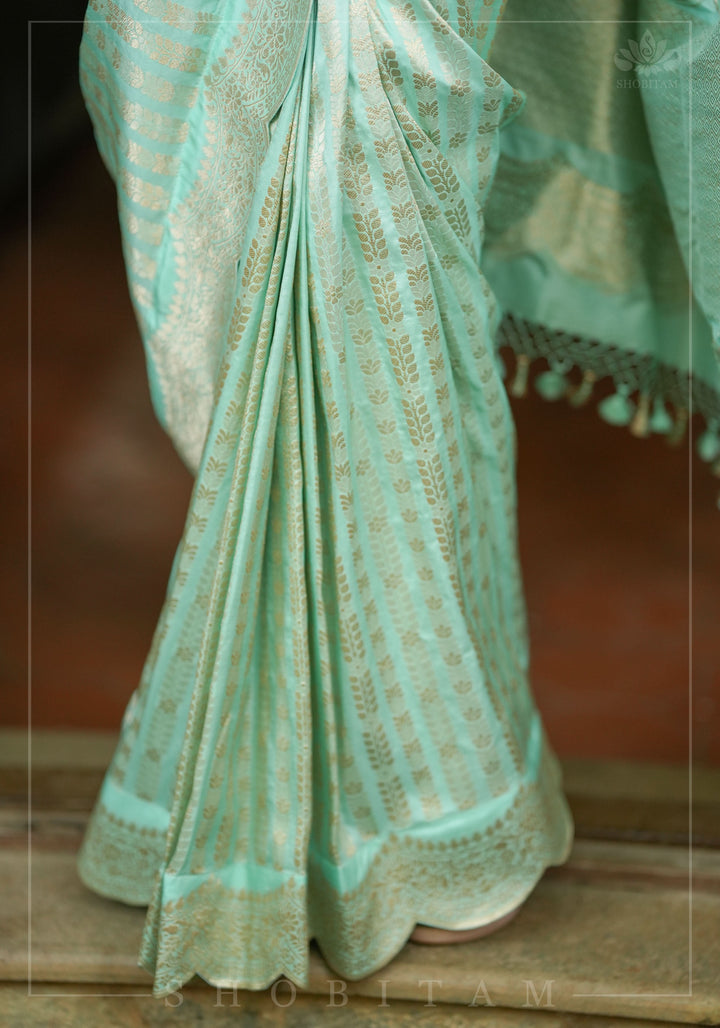Unique Scalloped Borders Pure Brocade Banarasi Katan Silk Saree in Pastel Sea Green | SILK MARK CERTIFIED | SHOBITAM