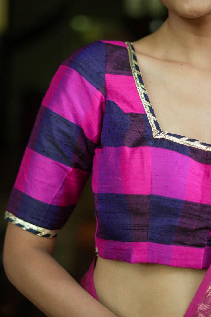 Navy blue, Pink checked Pure rawsilk with crisscross tie