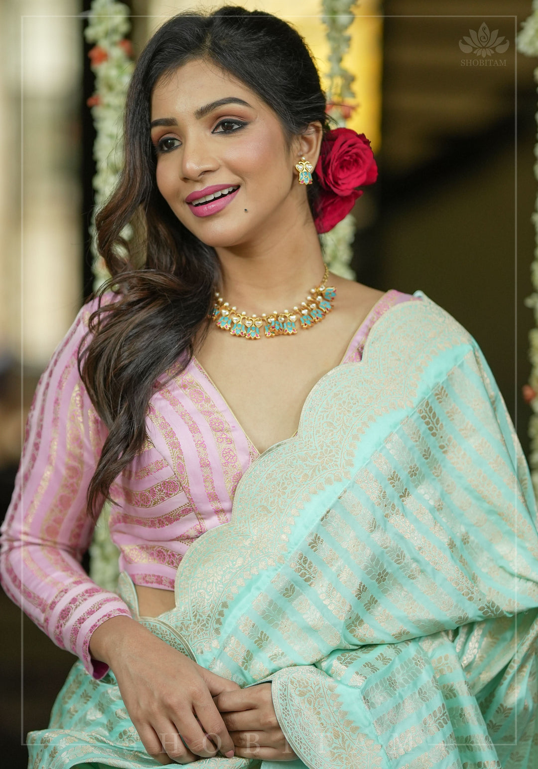 Unique Scalloped Borders Pure Brocade Banarasi Katan Silk Saree in Pastel Sea Green | SILK MARK CERTIFIED | SHOBITAM
