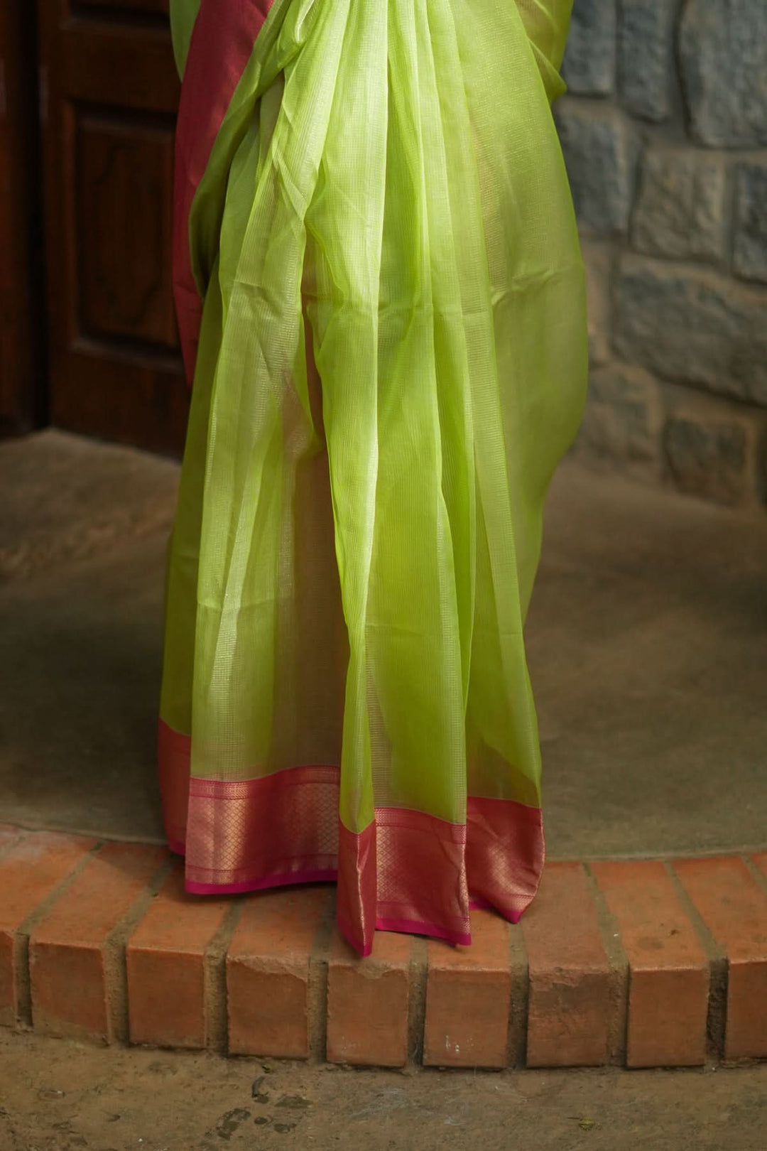 Handwoven Maheshwari silk cotton saree in Pista Green with Zari Checks