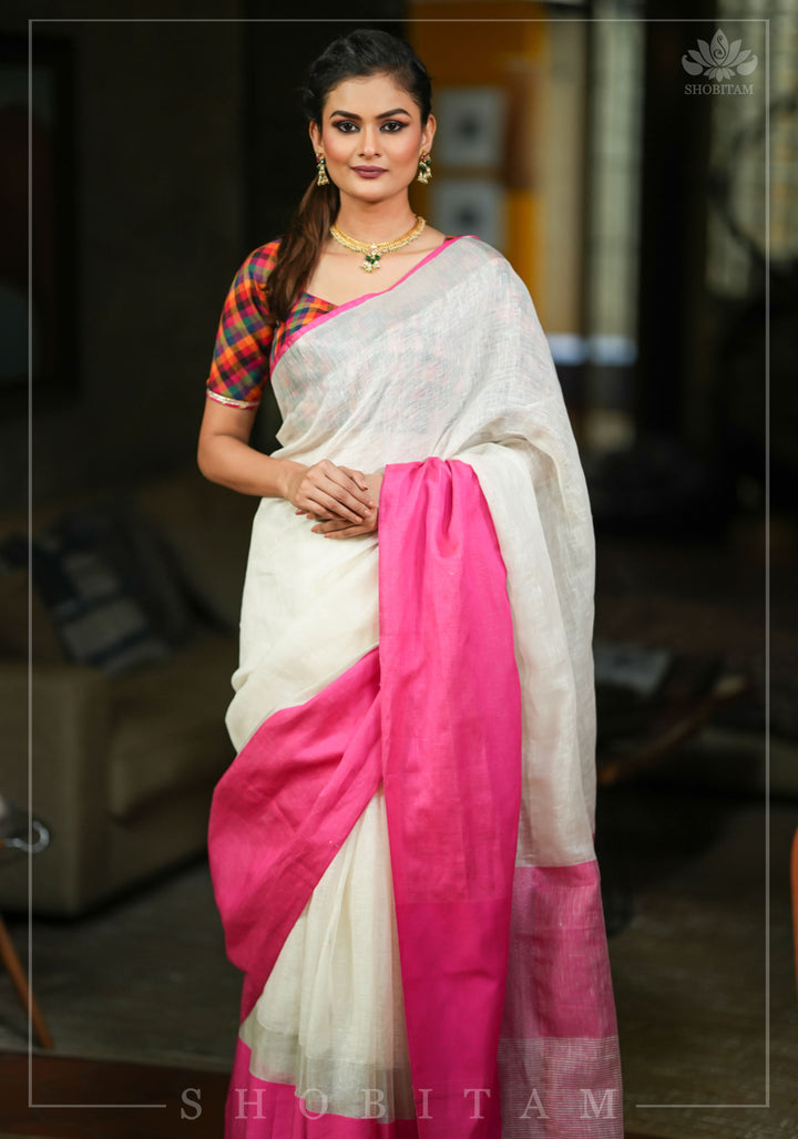 Charming White, Pink and Silver Wide Border Pure Linen by Linen Saree