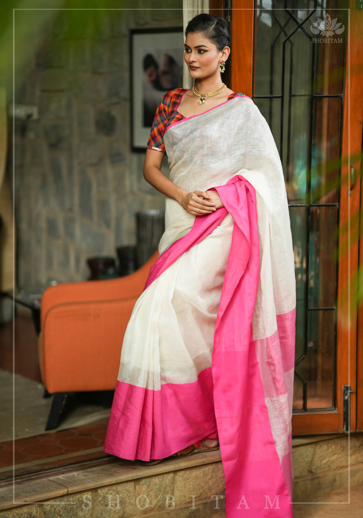 Charming White, Pink and Silver Wide Border Pure Linen by Linen Saree