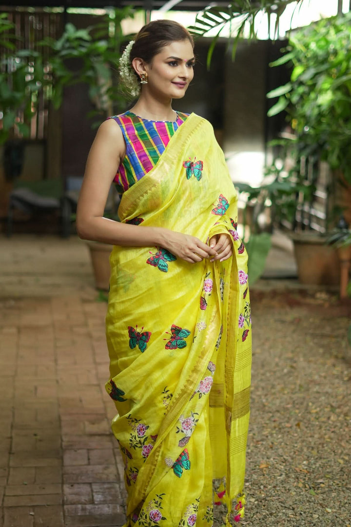 Blooms of Joy - Floral Embroidered Silk Linen Saree in Sunshine Yellow