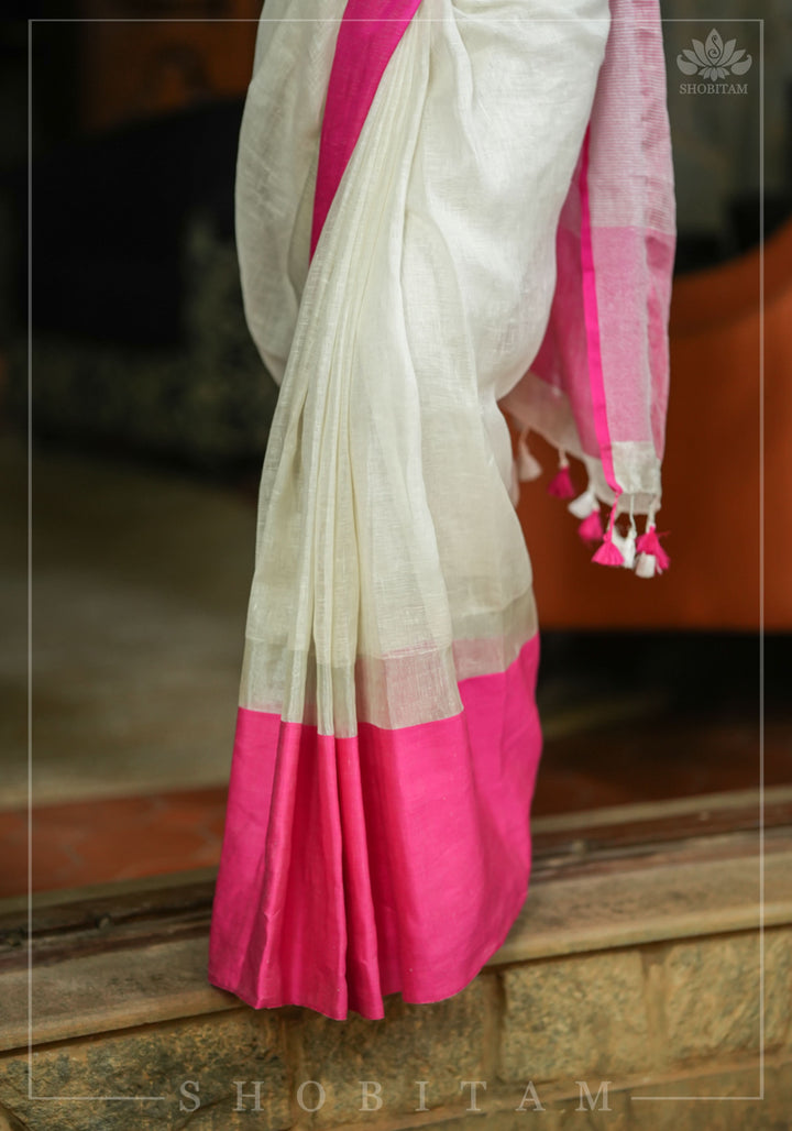 Charming White, Pink and Silver Wide Border Pure Linen by Linen Saree