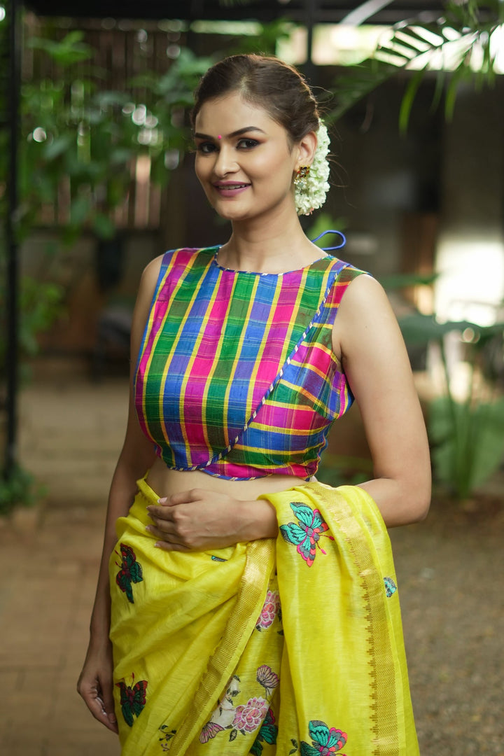 Pink Green blue Pure raw silk checkerd croptop