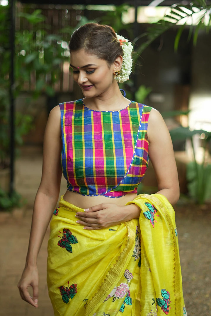 Pink Green blue Pure raw silk checkerd croptop