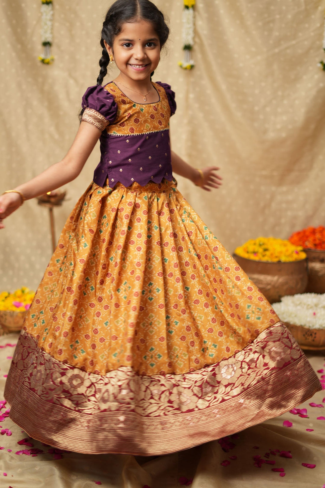 Agalvili Wine & Yellow Lehenga Mini (Set of 2) | Made to Order | SHOBITAM