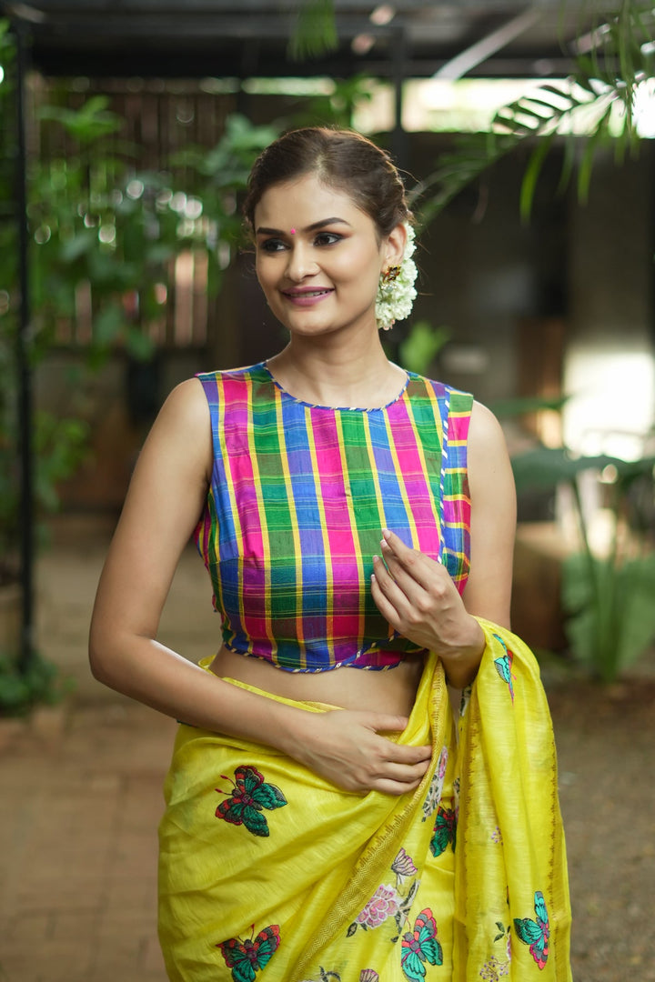 Pink Green blue Pure raw silk checkerd croptop