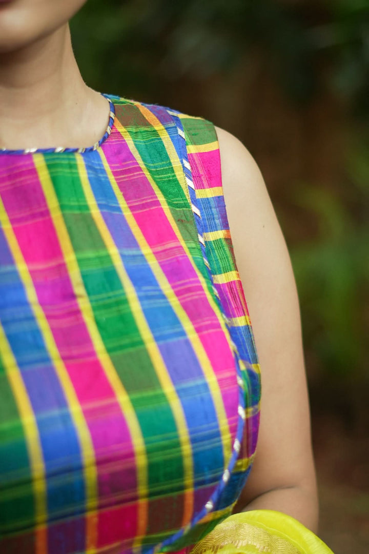 Pink Green blue Pure raw silk checkerd croptop