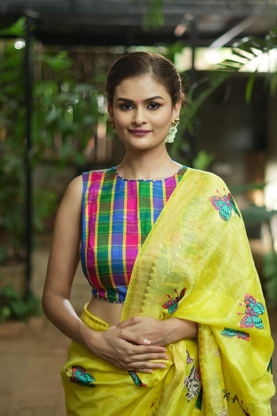 Pink Green blue Pure raw silk checkerd croptop