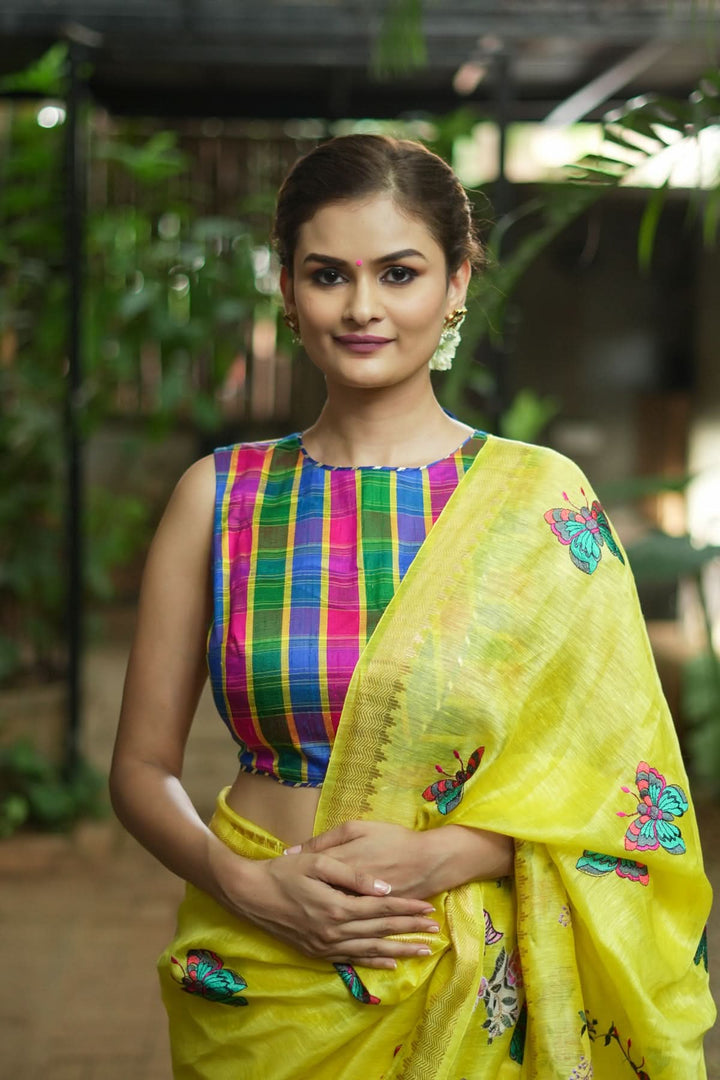 Pink Green blue Pure raw silk checkerd croptop
