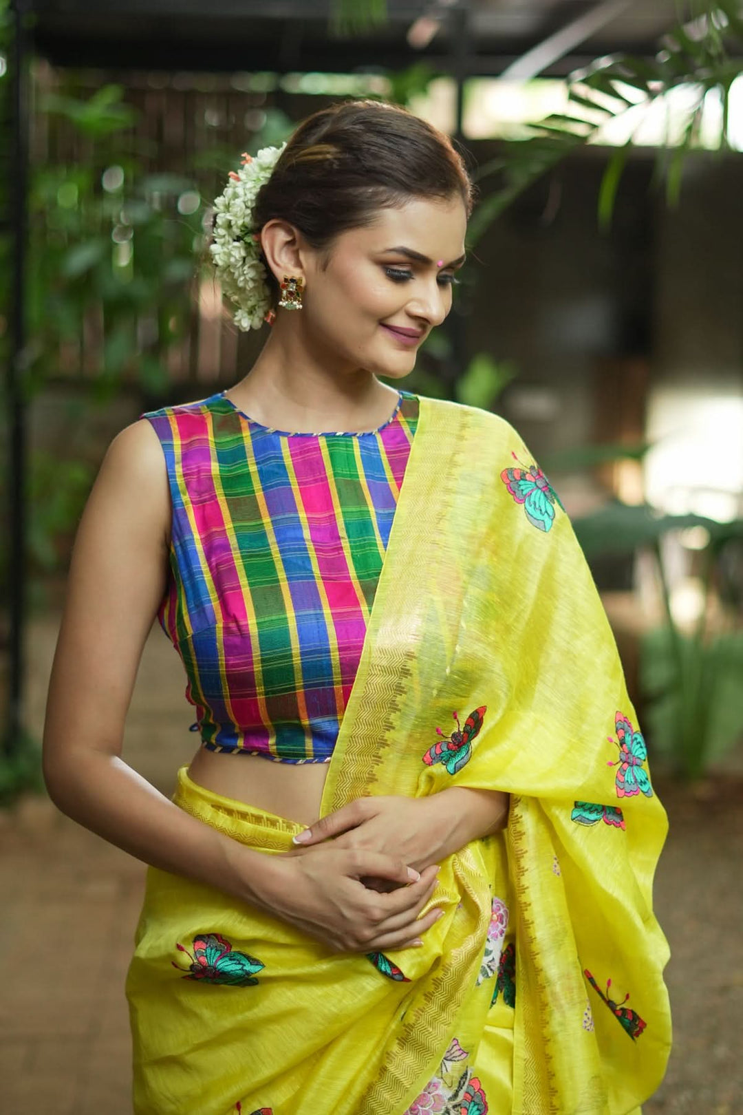Pink Green blue Pure raw silk checkerd croptop