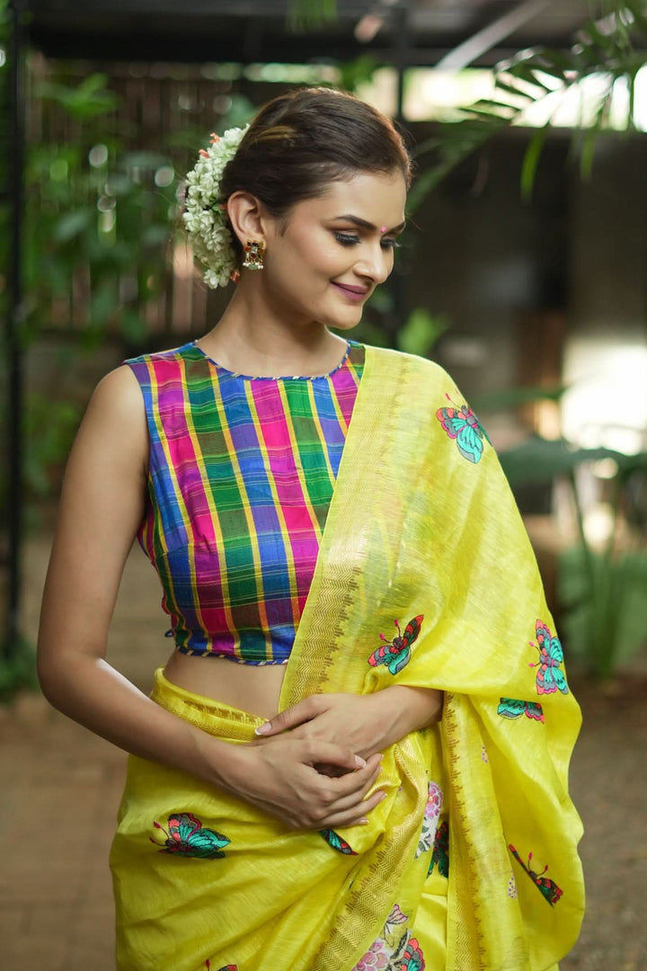 Pink Green blue Pure raw silk checkerd croptop