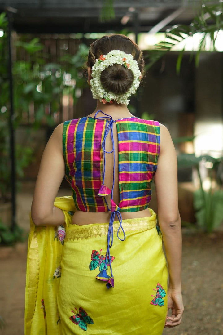 Pink Green blue Pure raw silk checkerd croptop