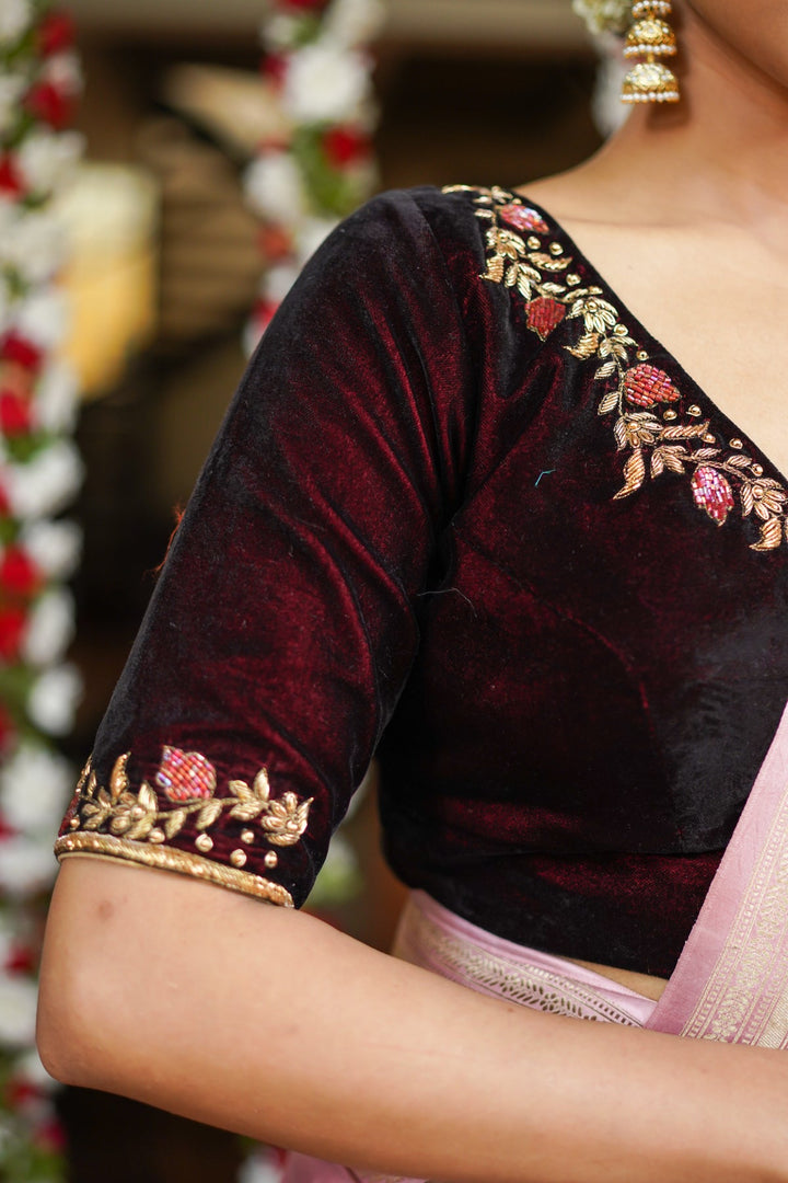 Maroon Velvet Blouse with Zardosi work Mix and Match Blouse for saree, Made to Order