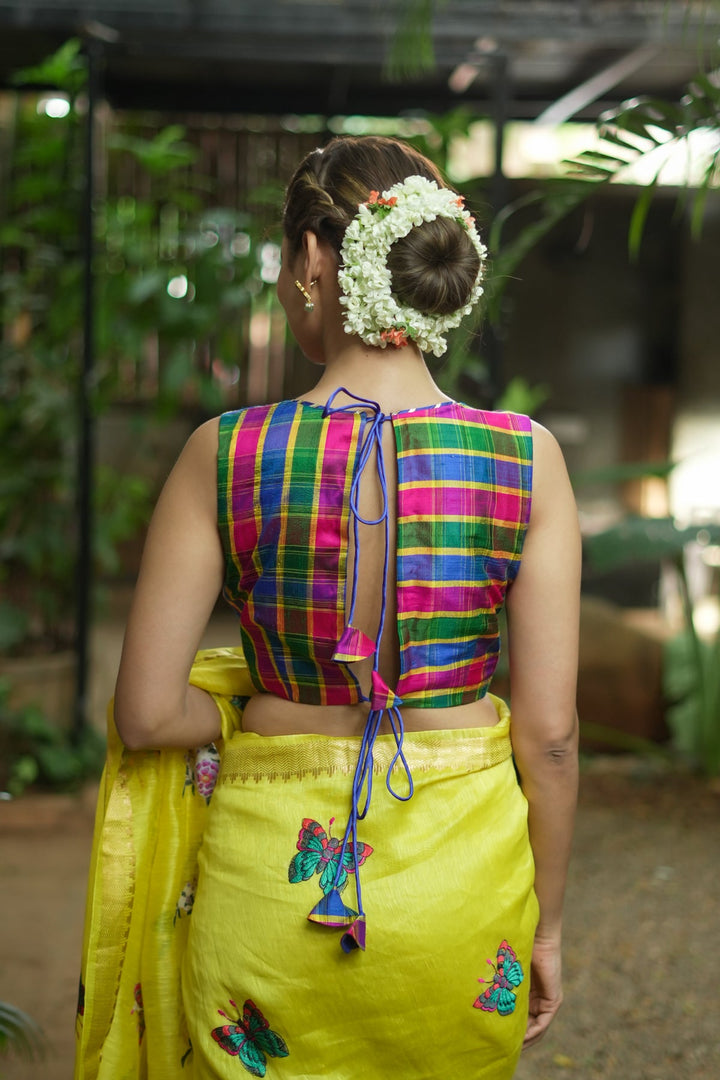 Pink Green blue Pure raw silk checkerd croptop