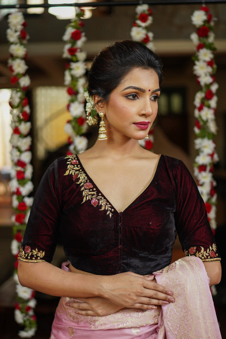 Maroon Velvet Blouse with Zardosi work Mix and Match Blouse for saree, Made to Order