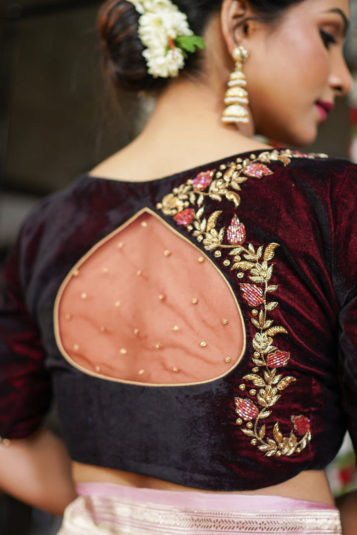 Maroon Velvet Blouse with Zardosi work Mix and Match Blouse for saree, Made to Order
