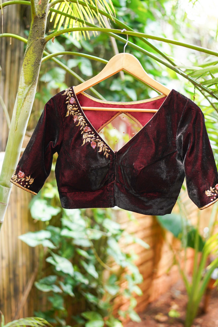 Maroon Velvet Blouse with Zardosi work Mix and Match Blouse for saree, Made to Order