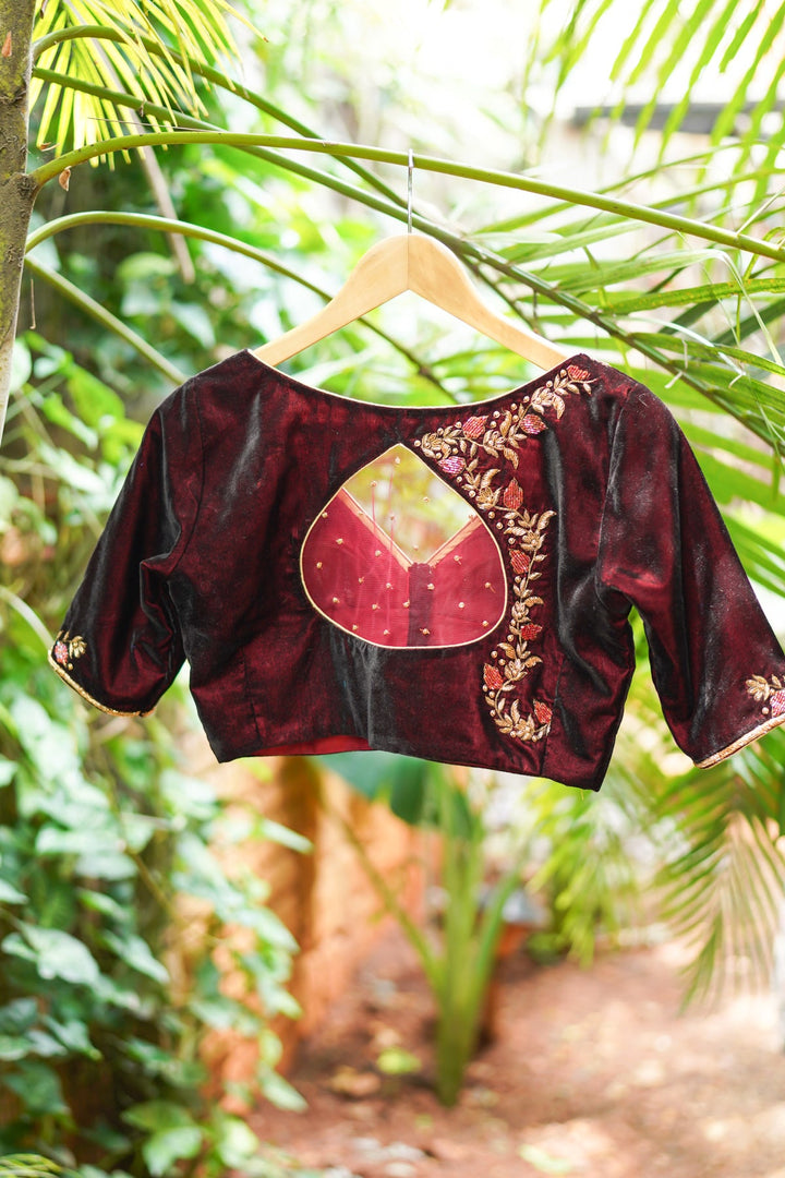 Maroon Velvet Blouse with Zardosi work Mix and Match Blouse for saree, Made to Order