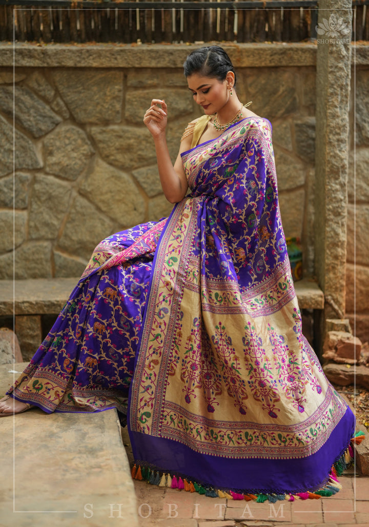Purple Georgette Banarasi Silk Saree with Meenakari Shikkaargah Jaal  | Silk Mark Certified | Shobitam Saree