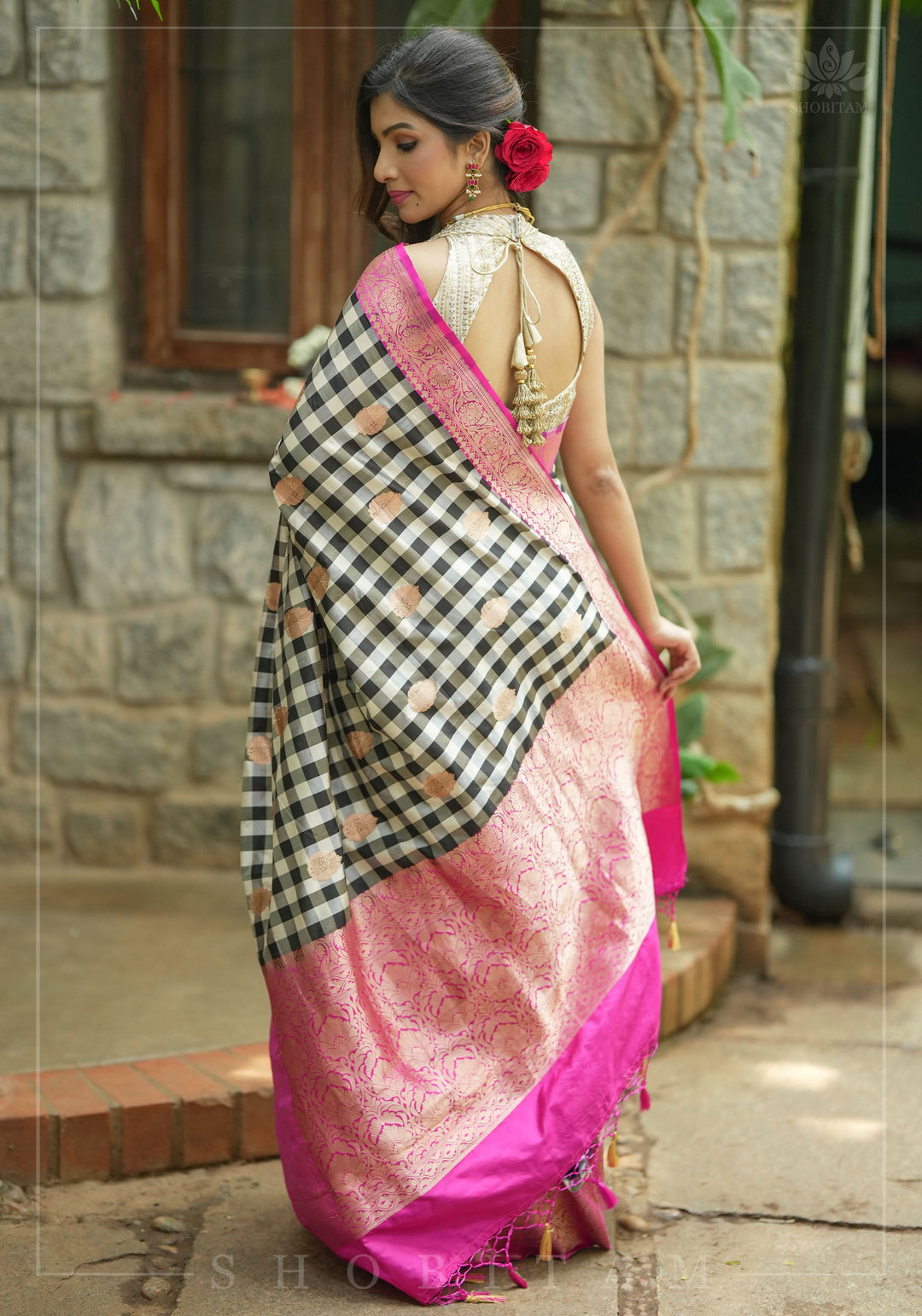 Pure Katan Silk Banarasi Saree in Black and White Checks with Contrasting Pink Borders  | SILK MARK CERTIFIED