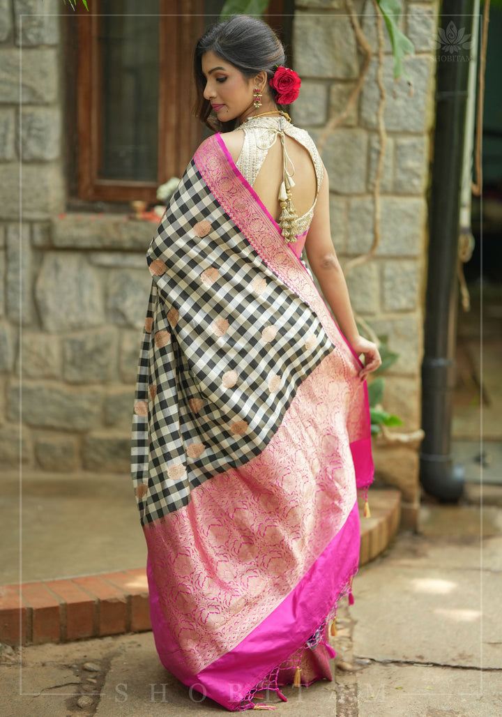 Pure Katan Silk Banarasi Saree in Black and White Checks with Contrasting Pink Borders  | SILK MARK CERTIFIED