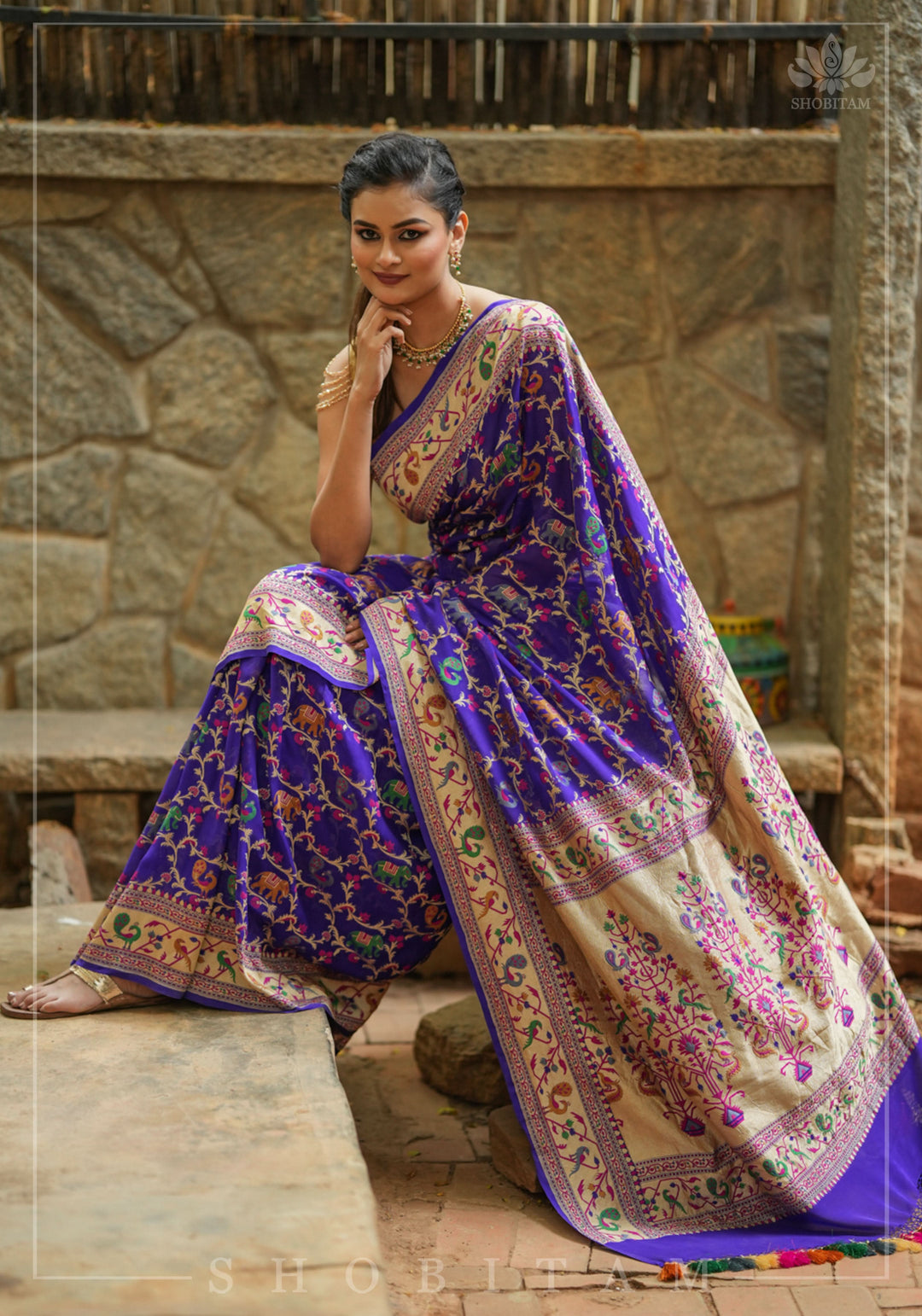Purple Georgette Banarasi Silk Saree with Meenakari Shikkaargah Jaal  | Silk Mark Certified | Shobitam Saree