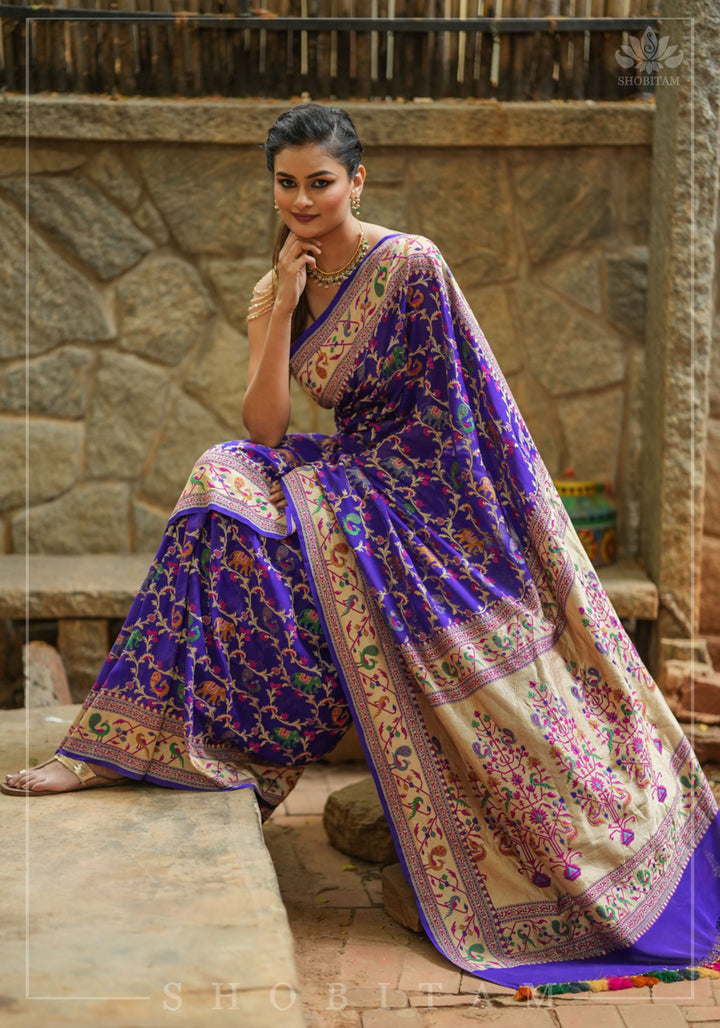 Purple Georgette Banarasi Silk Saree with Meenakari Shikkaargah Jaal  | Silk Mark Certified | Shobitam Saree