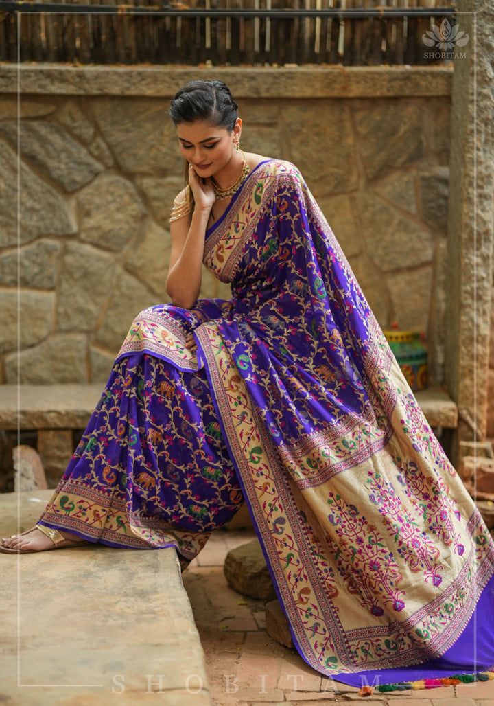 Purple Georgette Banarasi Silk Saree with Meenakari Shikkaargah Jaal  | Silk Mark Certified | Shobitam Saree