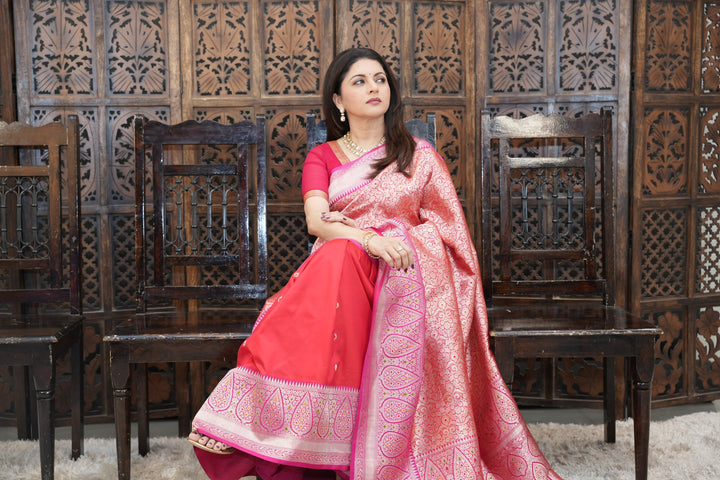 Red Meenakari Brocade Half and Half Banarasi Katan Silk Saree with Ornate Zari Borders | SILK MARK CERTIFIED | SHOBITAM