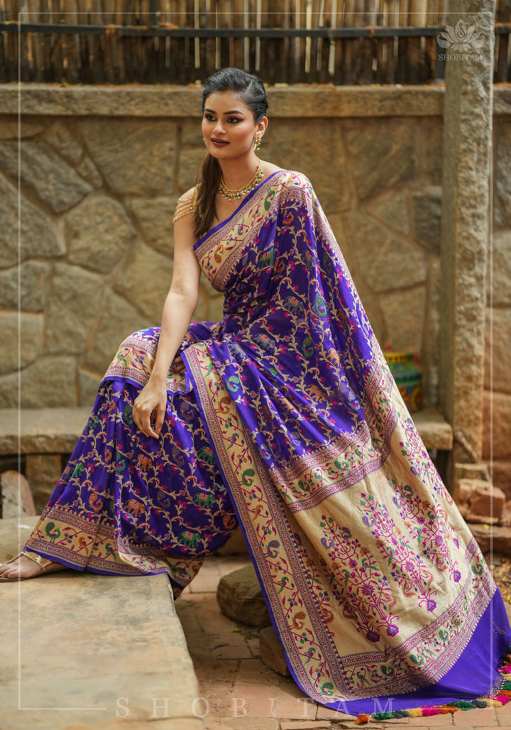Purple Georgette Banarasi Silk Saree with Meenakari Shikkaargah Jaal  | Silk Mark Certified | Shobitam Saree