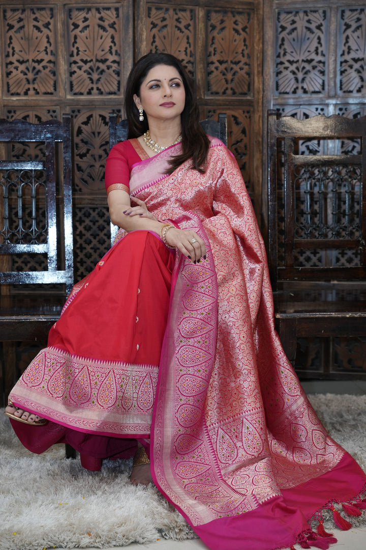 Red Meenakari Brocade Half and Half Banarasi Katan Silk Saree with Ornate Zari Borders | SILK MARK CERTIFIED | SHOBITAM